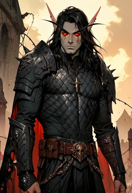 score_9, score_8_up, score_7_up, score_6_up, Expressiveh, masterpiece, perfect face, 1man, man blood elf, male, masculine, solo, (male), ((male)), deathknight, punk man, goth, tall man, muscular arms, pointy ears, long ears, red eyes, glowing eyes, ((pale grey skin)), black hair, messy hair, long hair, ((barbed wire sleeve)), grey lips, scarred face, scars, armored, black cape, torn cape, ((black armor)), chainmail armor, belt, pouch, bulky armor, (((black armor))), chainmail, armored leggings, armored boots, black ornaments, ornate armor, armor, gauntlets, outdoors, graveyard background, dead roses, vivid colors, cloudy day, posing, masculine pose, villain pose, villain, cowboy shot, dynamic pose