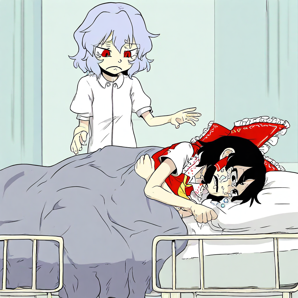 masterpiece, best quality, absurdres, lo_su_qu, 2girls, female focus, hakurei reimu,standing, frown, looking down, remilia scarlet, lying, on side, on bed, crying, under covers, hospital bed,