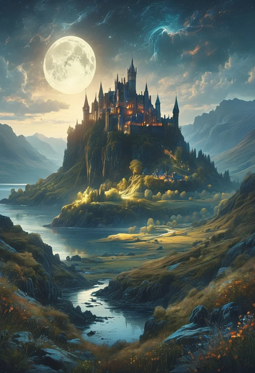 (by Ellen Jewett:1.5), (Bioluminescent Impressionism,) A captivating night scene illustration featuring a beautiful castle on a large  hill overlooking a lake in the highlands of Scotland. The castle is ancient but well maintained and updated and comfortable to live in.  This enchanting artwork captures a serene and peaceful night, where the moon is just starting to rise over the beautiful highlands and castle which   stands resolute amidst highlands, creating a cinematic experience., illustration, cinematic
<lora:DonM3t3rn1tyXL-v1.1:0.7>, DonM3t3rn1tyXL,
OverallDetailXL  <lora:MJ52:0.3>  <lora:SDXLFaeTastic2400:0.4>  <lora:EpicF4nta5yXL:0.7><lora:add-detail-xl:1> <lora:RMSDXL_Creative:2>*Channel_42* ral-wlfnte, PEAnimeBG, scenery, GhostlyStyle