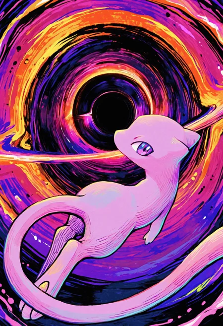 <lora:Style_OtonohaAika:1>, no humans, colorful, abstract background, mew \(pokemon\), purple theme, hatching \(texture\), black hole, vortex, looking back, looking at viewer, masterpiece, best quality