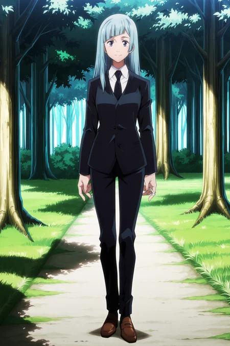 anime screencap, anime coloring, detailed face, masterpiece, best quality, very aesthetic, absurdres, volumetric lighting, official style, amazing quality, ultra detailed, highres, amazing quality, scenery, beautiful detailed hair, beautiful detailed eyes, defined fingers, five fingers, lazyhand, lazypos
<lora:StS-Illustrious-Detail-Slider-v1.0:4>
outdoors, trees,
<lora:Kasumi_Miwa_Jujutsu_Kaisen:1>
Kasumi Miwa (character), 1girl, suit, black suit, formal, collared shirt, black necktie, necktie, solo, purple eyes, pants, bangs, long hair, brown footwear, light blue hair, smile, looking at the viewer,