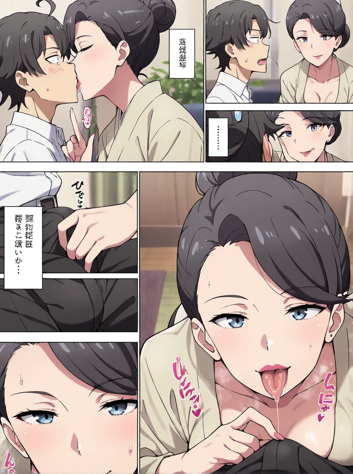 masterpiece, best quality, newest, absurdres, highres, detailed eyes, beautiful, detailed background, perfect eyes, anime coloring, anime screencap,
<lora:milf:0.8> milf_V1,
1girl,1boy,mature female,
age different,comic,hentai,
hetero,breasts,kiss,bulge,sweatdrop, sweat, 
erection, handjob, tongue, sound effects, 
assertive female,saliva, saliva trail,  steaming body, 
BREAK
1girl,<lora:ORG_Mother yukinoshita:0.7>yukinoshita mother,black hair,side-swept bangs,single hair bun,blue eyes,lipstick,medium breasts,adult,mature_female,
black hair,side-swept bangs,single hair bun,blue eyes,lipstick,medium breasts,adult,mature_female,
BREAK
Hikigaya Hachiman,