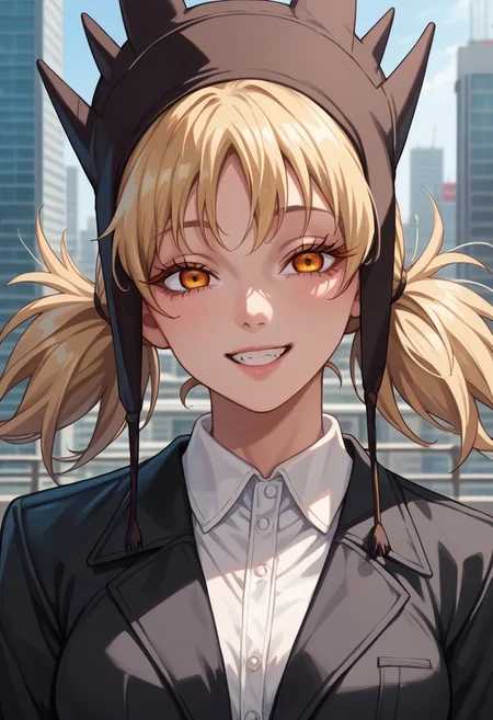 anime artwork, score_9, score_8_up, score_7_up, score_6_up, score_5_up, solo, perfect eyes, detailed eyes, beautiful female, detailed face, dynamics lines, 20 year old, perfect beautiful face, long eyelashes, sharp eyes pupils, (city), (upper body:1.5), smile, medium breasts, 1girl, blonde hair, twintails, earflap hat, yellow eyes, black jacket, white shirt