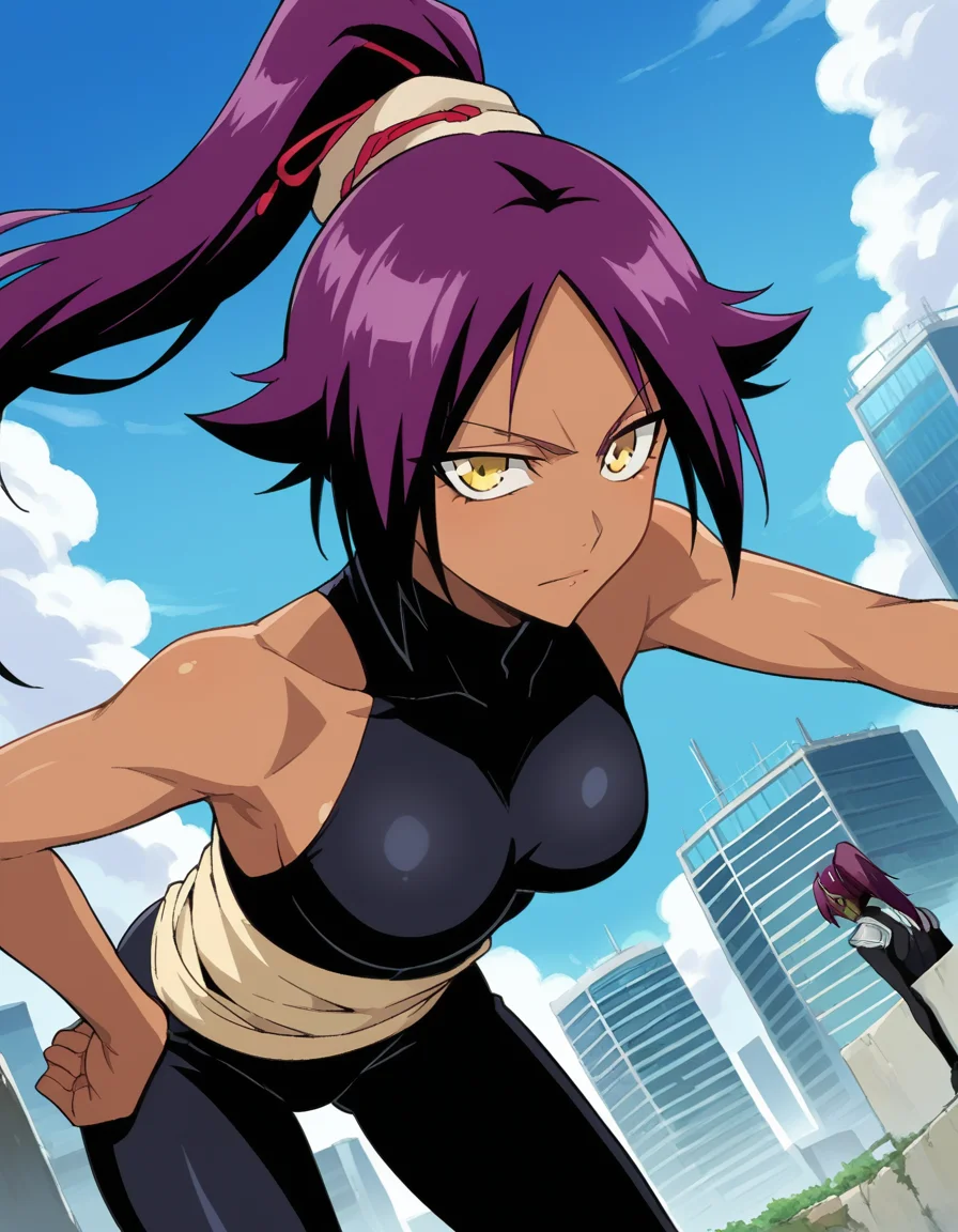 score_9, score_8_up, score_7_up, source_anime,
yoruichishihouin, <lora:yoruichi-shihouin-ponyxl-lora-nochekaiser:1>
yoruichi shihouin, long hair, yellow eyes, ponytail, purple hair, dark skin, dark-skinned female,
bodysuit, black bodysuit, bare arms, bare shoulders,
outdoors, cityscape, bent over,
looking at viewer, dutch angle, cowboy shot,