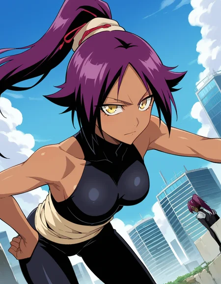 score_9, score_8_up, score_7_up, source_anime,
yoruichishihouin, <lora:yoruichi-shihouin-ponyxl-lora-nochekaiser:1>
yoruichi shihouin, long hair, yellow eyes, ponytail, purple hair, dark skin, dark-skinned female,
bodysuit, black bodysuit, bare arms, bare shoulders,
outdoors, cityscape, bent over,
looking at viewer, dutch angle, cowboy shot,
