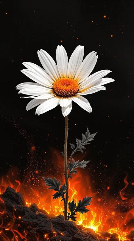 Monochromatic art inspired by John Batho and John Mckinstry, Detailed, naturalistic, realistic wildlife art, a vibrant daisy blooms amidst a fiery pit of burning brimstone, darkened landscape, warm glow on its delicate white center, abstract composition, poetic atmosphere, interplay of light, form, and texture, exercising minimalist geometry, French photographic style, exercising simplicity.
