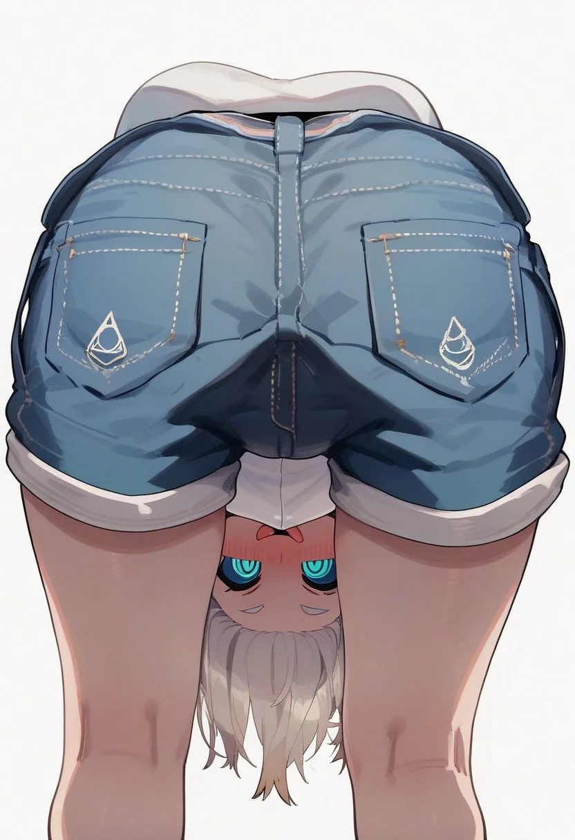 PonyScores7, score_9, score_8_up, score_7_up, Score_6_up, Score_5_up, Score_4_up, source_anime, hi res, masterpiece, best quality, detailed, amazing quality, detailed background, detailed eyes, clean eyes, best quality, highres, Brittle_PS, 1girl, solo, blush, tongue out, leaning forward, blouse, short shorts, simple background, white background, looking at viewer, close up:0.4, detailed