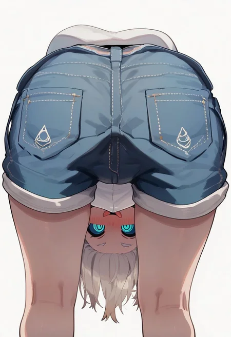 PonyScores7, score_9, score_8_up, score_7_up, Score_6_up, Score_5_up, Score_4_up,  source_anime, hi res, masterpiece, best quality, detailed, amazing quality, detailed background, detailed eyes, clean eyes, best quality, highres, Brittle_PS, 1girl, solo, blush, tongue out, leaning forward, blouse, short shorts, simple background, white background, looking at viewer, close up:0.4, detailed