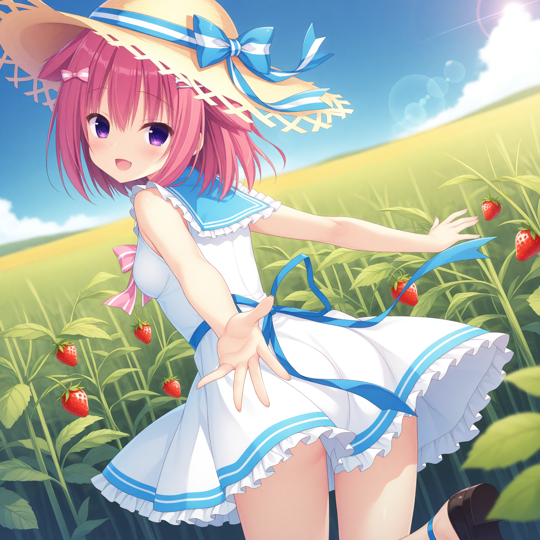 <lora:Kanou_Minato_1_nai-000037:1>,Kanou Minato,bone hair ornament,hairclip,
straw hat,hat ribbon,
hair bow,striped bow,blue bow,white dress,sailor dress,blue sailor collar,sleeveless dress,frilled dress,frilled sailor collar,pink bowtie,blue ribbon,
BREAK
1girl,solo,strawberry,field,fruit,smile,looking at viewer,looking back,spread arms,standing on one leg,from behind,day,depth of field,lens_flare,sky,