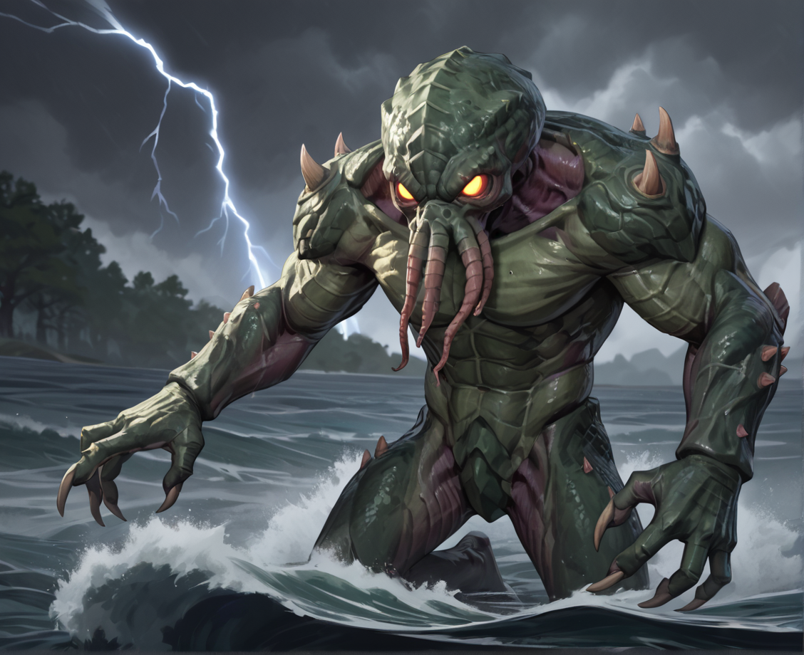 safe_pos, score_9_up,score_8_up,score_7_up,score_6_up,score_5_up,score_4_up, masterpiece, high quality, digital painting, source_monster,  zPDXL3, BREAK, (((depth of field))),
overcast, dark clouds, storm, ((ocean)), waves, rough water, lightning, ((giant)), massive, lighthouse, dark, flash of lightning, in water, partially submerged, 
cthulhu, eldritch abomination, lovecraft, monster, creature, horror (theme), face tentacles, tentacles, wingless, claws, textured skin, smooth crotch, 
muscular, glowing, glowing eyes, green skin, plated body, octopus head, digitigrade, shoulder spikes,arm spikes,  scales, 
<lora:Cthulhu for PonyXL:0.6>,