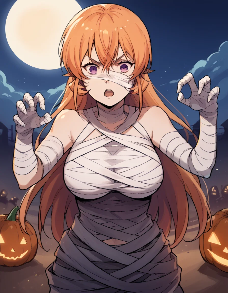 score_9, score_8_up, score_7_up, source_anime, <lora:erina-nakiri-s1-ponyxl-lora-nochekaiser:1>, erina nakiri, long hair, orange hair, purple eyes, hair between eyes, large breasts, <lora:mummy-costume-ponyxl-lora-nochekaiser:1>, mummy costume, bandages, halloween costume, bandaged arm, zombie pose, bandage on face,, desert, moon, night, open mouth,, cowboy shot