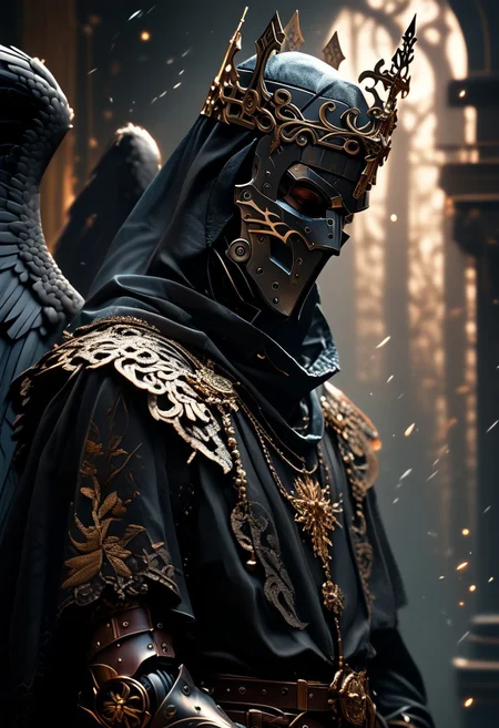 (score_9, score_8_up), score_7_up, 1girl, Highly detailed RAW color Photo, dress, crown, helmet, side view, holding, weapon, greyscale, indoors, cape, armor, helmet, shoulder armor, gauntlets, pauldrons, mask, dark, hood, full armor, helm, wings, feathered wings, simple background, grey background, gorgeous details, depth perception, backlighting, photorealistic, robot, helm, breathtaking scenery, shiny metallic texture, perfectly rendered reflections,
dark lighting, dof, depth of field, realistic, dark background, CINE, embers,
<lora:unholy-000009:0.8> <lora:CINE-000008:0.4><lora:- SDXL - vanta-black_contrast_V3.0:0.7>
<lora:sinfully_stylish_SDKL:0.5> <lora:GwentStyle_v2:0.4> <lora:xl_more_art-full_v1:0.4>