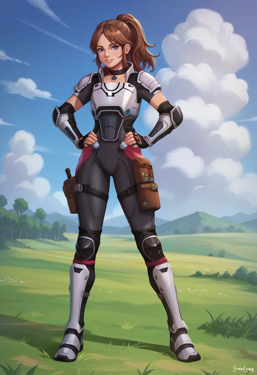 score_9,score_8_up,score_7_Up,source_anime,1girl,selacodawn, <lora:SelacoDawnPony:0.8>, (solo:1.2),standing,hands on hips,armor,bodysuit,choker,boots,full body,happy,:d,outdoors,in field,brown hair,ponytail,holster,blue eyes,breastplate,knee pads