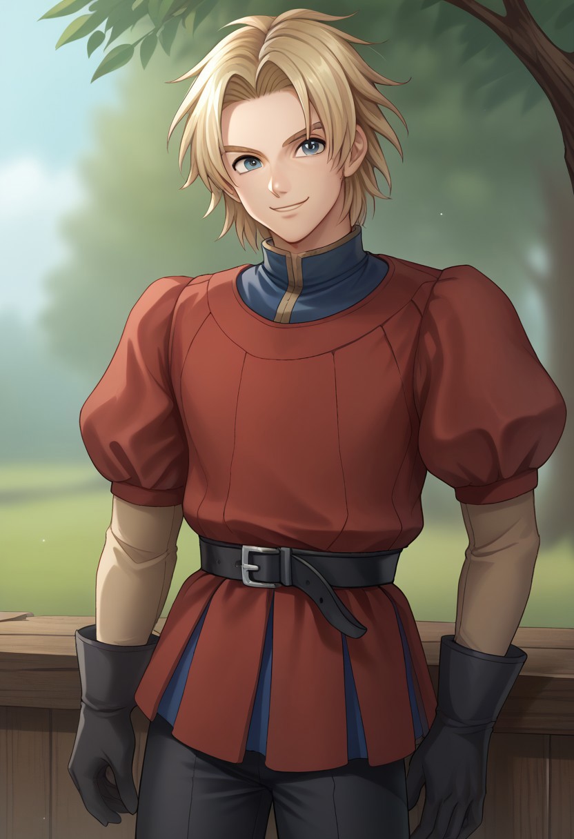 score_9, score_8_up, score_7_up, source_anime, highly detailed, 
kiefer, 1boy, male focus, solo, blonde hair, blue eyes, tunic, red tunic, puffy sleeves, shirt, blue shirt, high collar, gloves, pants, black pants, smile
outdoor, wood,