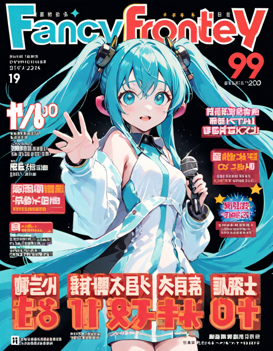 Create a clean and striking magazine cover for 'Fancy Frontier' issue number 99. The cover features Hatsune Miku, the iconic virtual idol, as the main character. Miku should be at the center, with her signature long turquoise twin tails and a futuristic microphone headset. She's dressed in her classic outfit with a contemporary twist, making her look both pop and high fashion. Her pose is dynamic and inviting, with a friendly smile that captures her virtual idol persona. The background is pure white to make the subject stand out. The text 'Fancy Frontier' is boldly placed at the top of the cover in a stylish, modern font, with the number '99' prominently displayed in a large, eye-catching font near the bottom or next to the title ,<lora:twanimax:0.65>