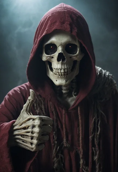 Closeup, thumb-up, Envision a whimsical fantasy world where a ethereal and eerie hooded skeleton takes center stage. Picture the undead with a mischievous charm, its eyes reflecting a vibrant translucent dark-red glow. Thumb Up Pose,
very detailed, hd, RAW photograph, masterpiece, top quality, best quality, official art,highest detailed, atmospheric lighting, cinematic composition,