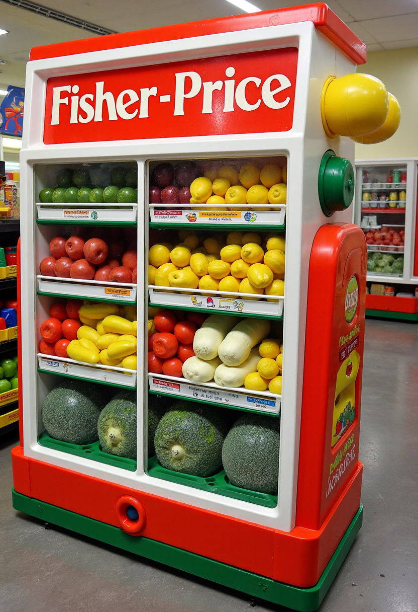 a supermarket isle with fruits and vegetables, fisher price 80s style