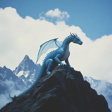ArsMovieStill, 80s Fantasy Movie Still, The image shows a blue dragon perched atop a mountain with a backdrop of snow-capped peaks and a cloudy sky., no humans, dragon, mountain, cloud, wings, sky, solo, outdoors, rock, tail