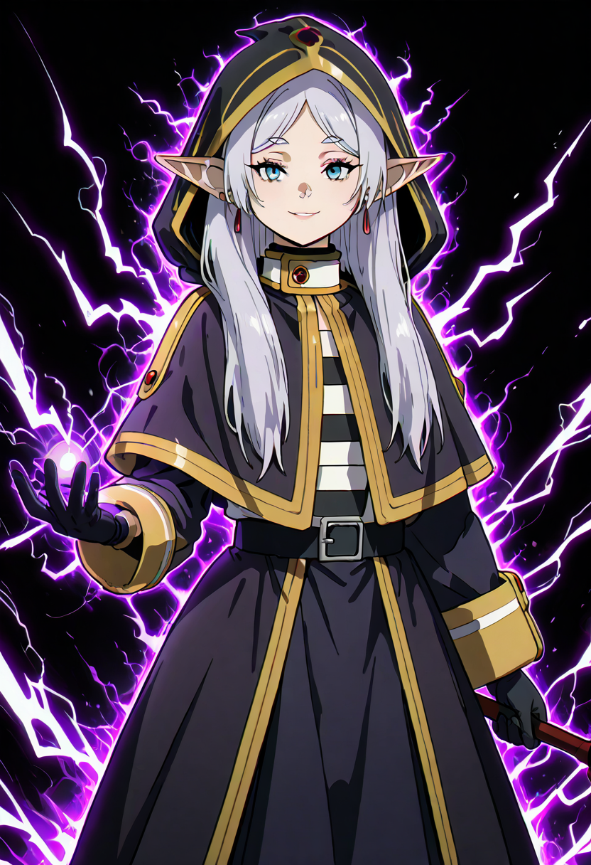 masterpiece, best quality,   zzFrieren, blue eyes, silver hair, long hair, hood, black hood, gloves, black gloves, cloak, staff, electricity, solo, looking at viewer, subtle smile, simple background, black background, hood up, magic, weapon, standing, mysterious aura â Bathed in the stillness of a void-black background, zzFrieren emerges from the shadows, her silver hair spilling from beneath a raised hood like strands of moonlight. Blue eyes shimmer with quiet power as she meets the viewerâs gaze, a faint, unreadable smile playing at her lips. Lightning crackles faintly along her staff, dancing in her gloved fingertips, casting eerie pulses of light across the dark folds of her cloak. With a calm, unshakable presence, she stands as if between worldsâan ancient sorceress wrapped in silence, her magic humming with the weight of centuries.  ,<lora:ShadowMagic_NAI:1.0>,  <lora:FrierenIXL:1.0>,