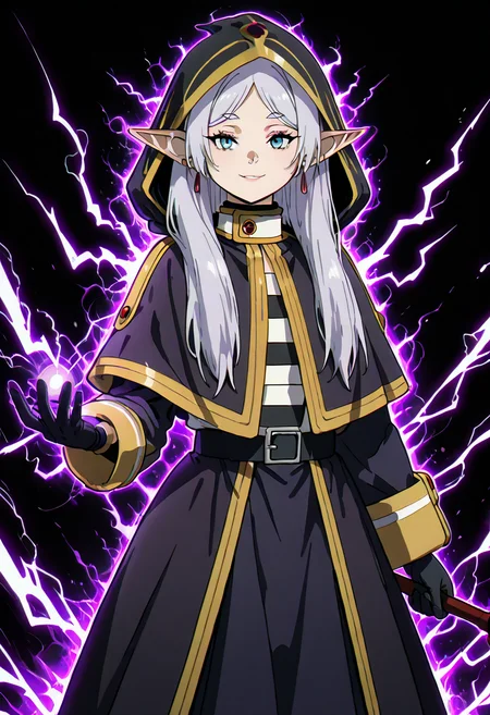 masterpiece, best quality,   zzFrieren, blue eyes, silver hair, long hair, hood, black hood, gloves, black gloves, cloak, staff, electricity, solo, looking at viewer, subtle smile, simple background, black background, hood up, magic, weapon, standing, mysterious aura â Bathed in the stillness of a void-black background, zzFrieren emerges from the shadows, her silver hair spilling from beneath a raised hood like strands of moonlight. Blue eyes shimmer with quiet power as she meets the viewerâs gaze, a faint, unreadable smile playing at her lips. Lightning crackles faintly along her staff, dancing in her gloved fingertips, casting eerie pulses of light across the dark folds of her cloak. With a calm, unshakable presence, she stands as if between worldsâan ancient sorceress wrapped in silence, her magic humming with the weight of centuries.  ,<lora:ShadowMagic_NAI:1.0>,  <lora:FrierenIXL:1.0>,