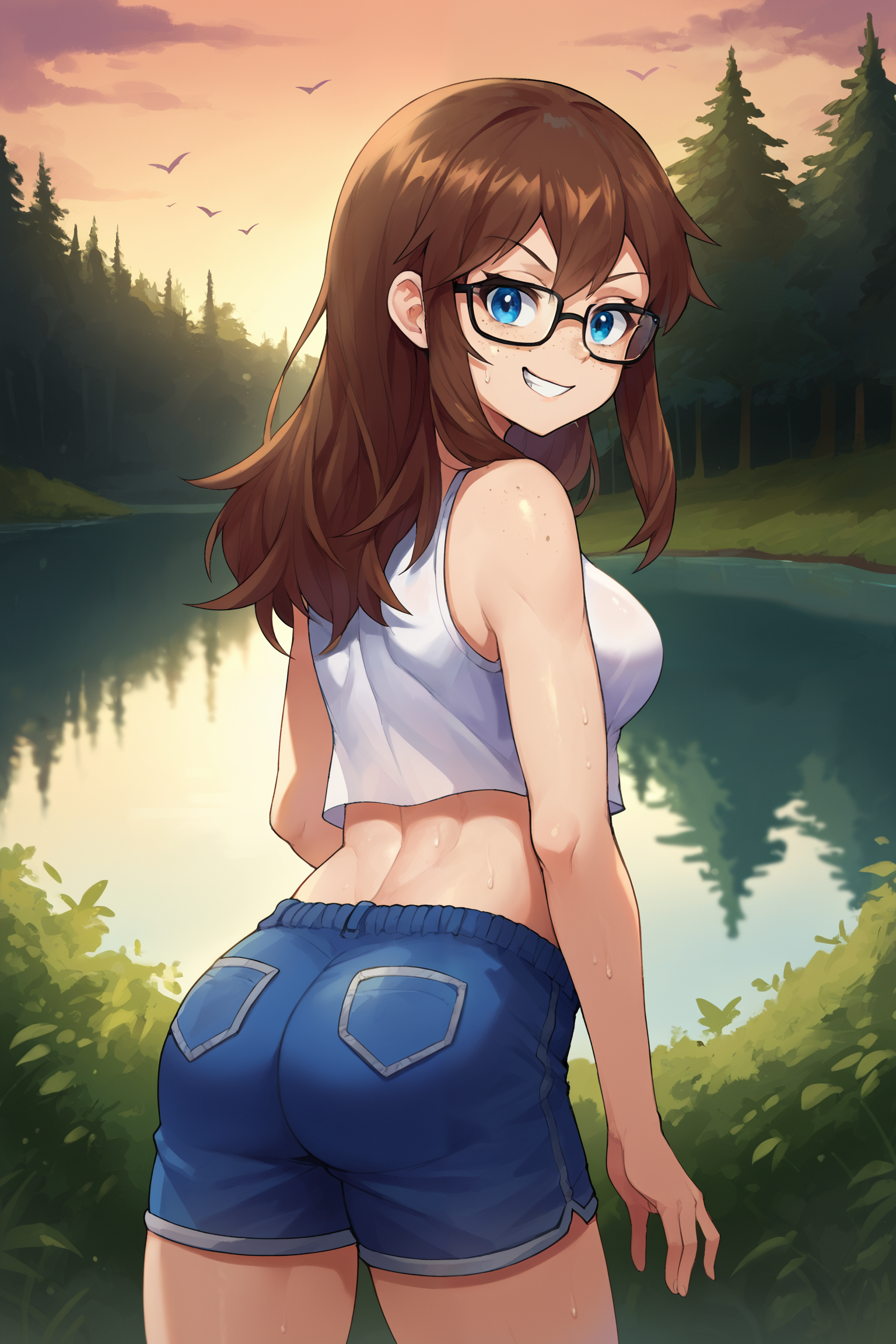 score_9, score_8_up, score_7_up, score_6_up, source_anime,  1girl, solo, from behind,  heads up,  sweat, freckles, medium breasts, brown hair, long hair, straight hair, blue eyes, glasses, looking at viewer, looking back,   smile, smirk, grin, frown, crop top, shorts,  outdoors, forest, park, lake, standing, sunset, sunny, daylight,  sinesian, <lora:Styles\PulenKompot-Sinesian Style-PonyXL.safetensors:1:1> <lora:StS_age_slider_v1_initial_release.safetensors:-4:-4>