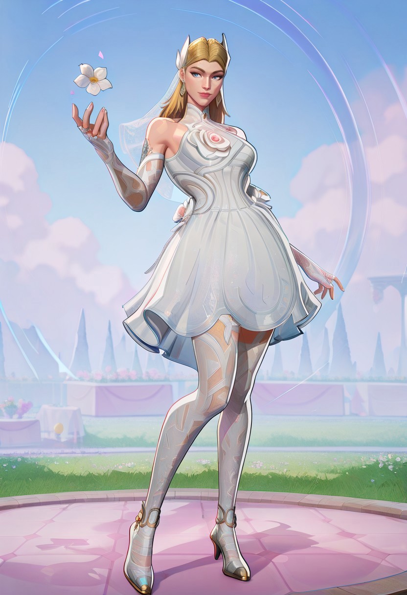 masterpiece, best quality, newest, absurdres, highres, MarvelRivals, semi realistic, cartoon, 1girl, SueStorm-Lifefantasticskin-V1.0,  wedding dress, wedding veil, veil, white dress, short dress, blonde, bare shoulders, blue eyes, flower, jewelry, long hair, earrings, long hair, high heels,