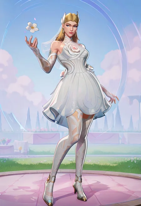 masterpiece, best quality, newest, absurdres, highres, MarvelRivals, semi realistic, cartoon, 1girl, SueStorm-Lifefantasticskin-V1.0,  wedding dress, wedding veil, veil, white dress, short dress, blonde, bare shoulders, blue eyes, flower, jewelry, long hair, earrings, long hair, high heels,