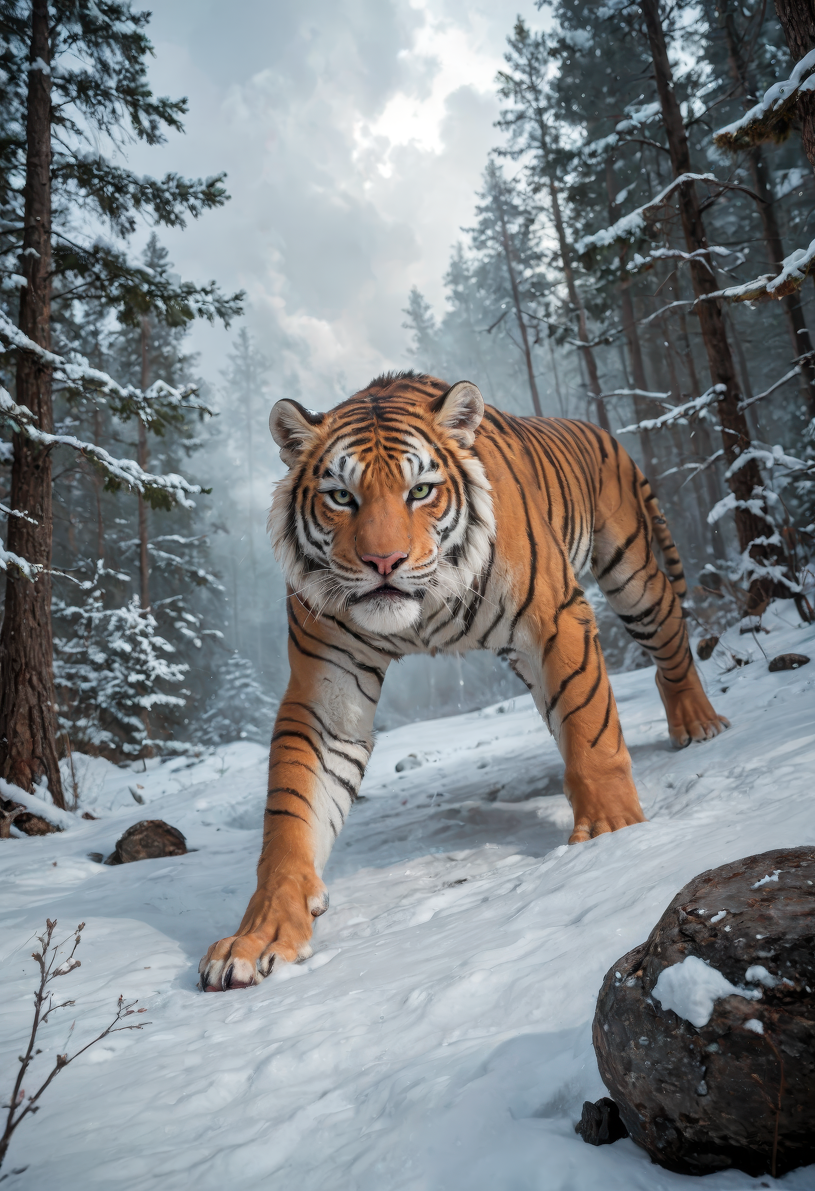 score_9, score_8_up, score_7_up, (best quality, ultra-detailed, realistic), hyper-detailed tiger in a snowy forest, its fur frosted with ice,  steam rising from its breath, dynamic angle, dynamic pose