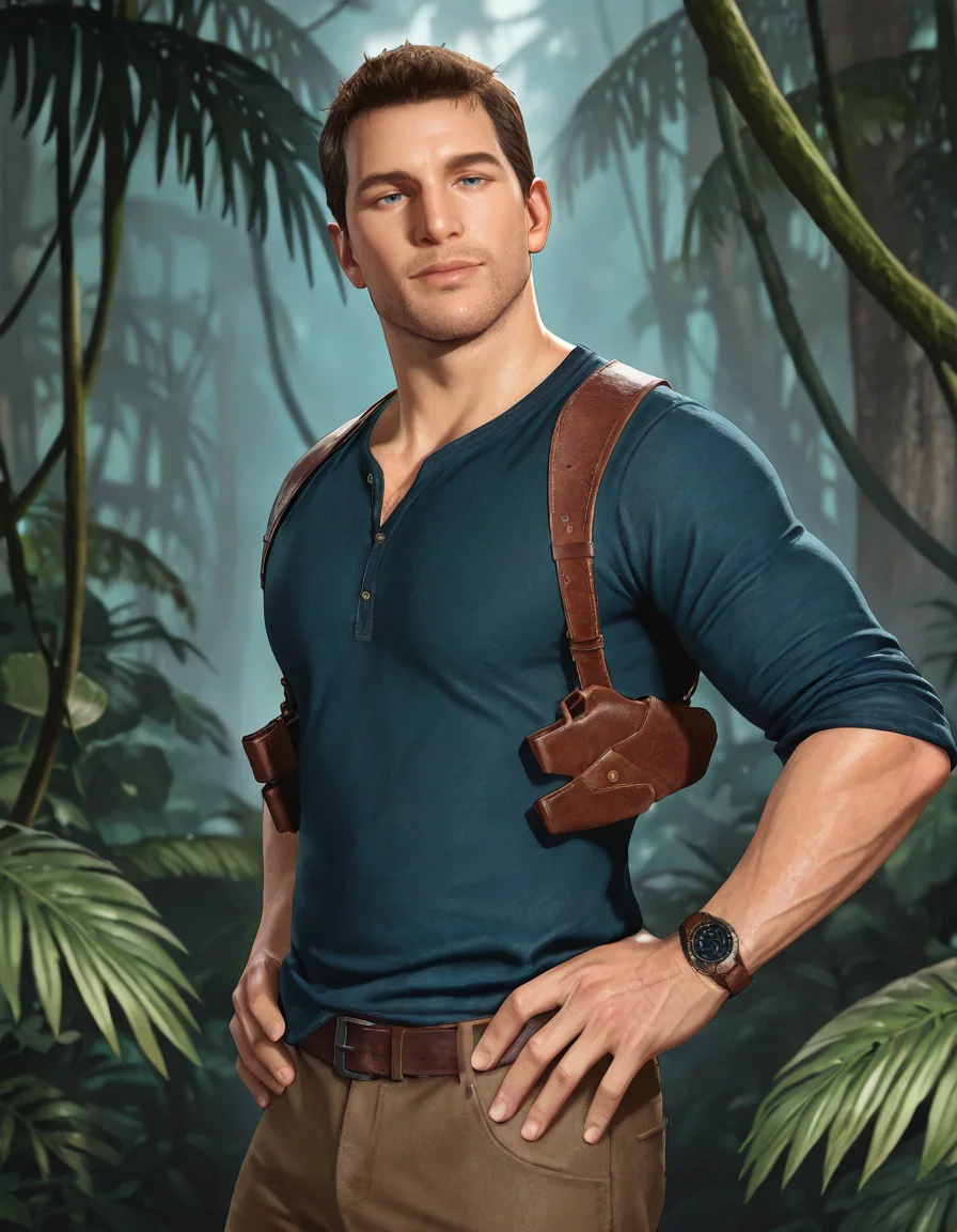 masterpiece, best quality, absurdres, newest, perfect quality, best quality, absolutely eye-catching, detailed background, intricate details, male focus, solo, realistic, <lora:Uncharted - Nathan - Illustrious-000006:0.8>, uncharteddrake, 1boy, mature male, very short hair, blue eyes, stubble, body hair, wristwatch, dark blue shirt, sleeves rolled up, untucked shirt, outdoors, jungle, looking at viewer, head tilt, belt, shoulder holster, brown pants, hand on own hips.