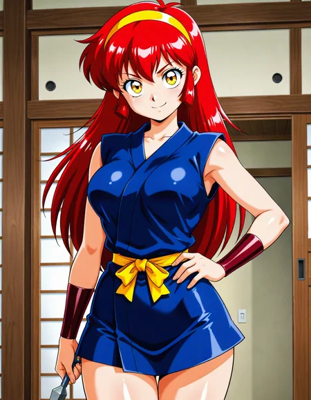 1girl,ywrkayame,red hair,long hair,hairband,yellow headband,yellow eyes,sharp eyes,confident smile,curvy body,kunai,blue ninja dress,sleeveless outfit,yellow waist ribbon,anime style,retro anime,ninja girl,
official style,
<lora:NoobV065sHyperDmd:1>,masterpiece,best quality,very aesthetic,absurdres,newest,safe,
<lora:ywrkayame_ill:1>,