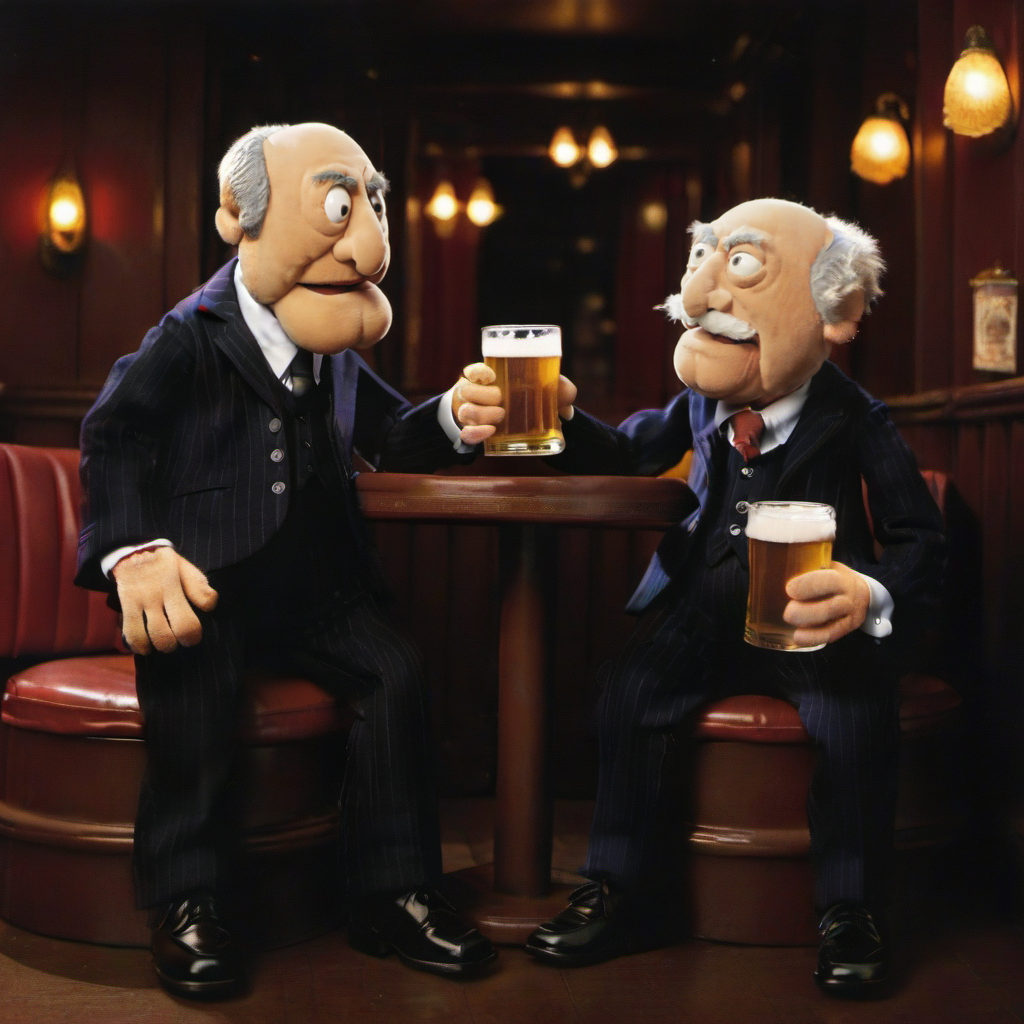full body portrait of 2boys, facial hair, in a suit, having a beer in a pub  <lora:StatlerWaldorf1024-000120:0.9>