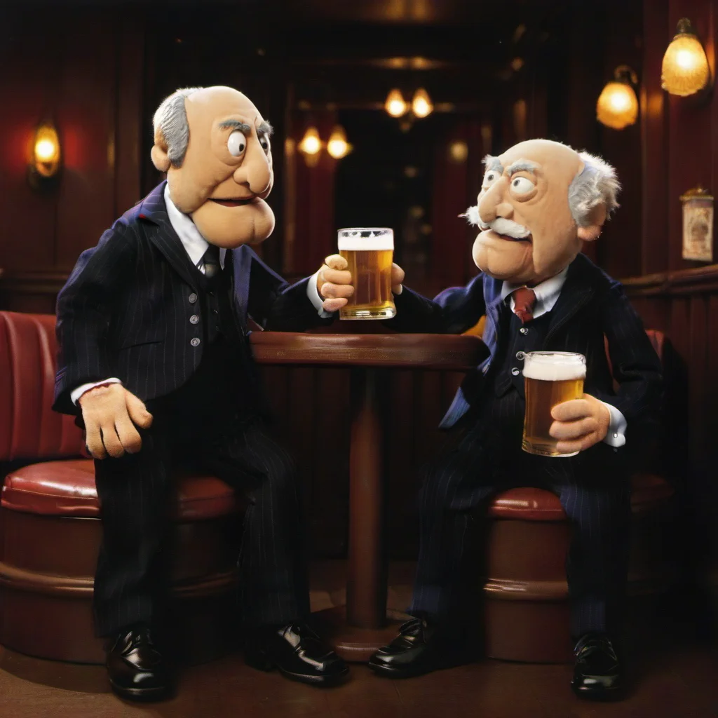 full body portrait of 2boys, facial hair, in a suit, having a beer in a pub <lora:StatlerWaldorf1024-000120:0.9>