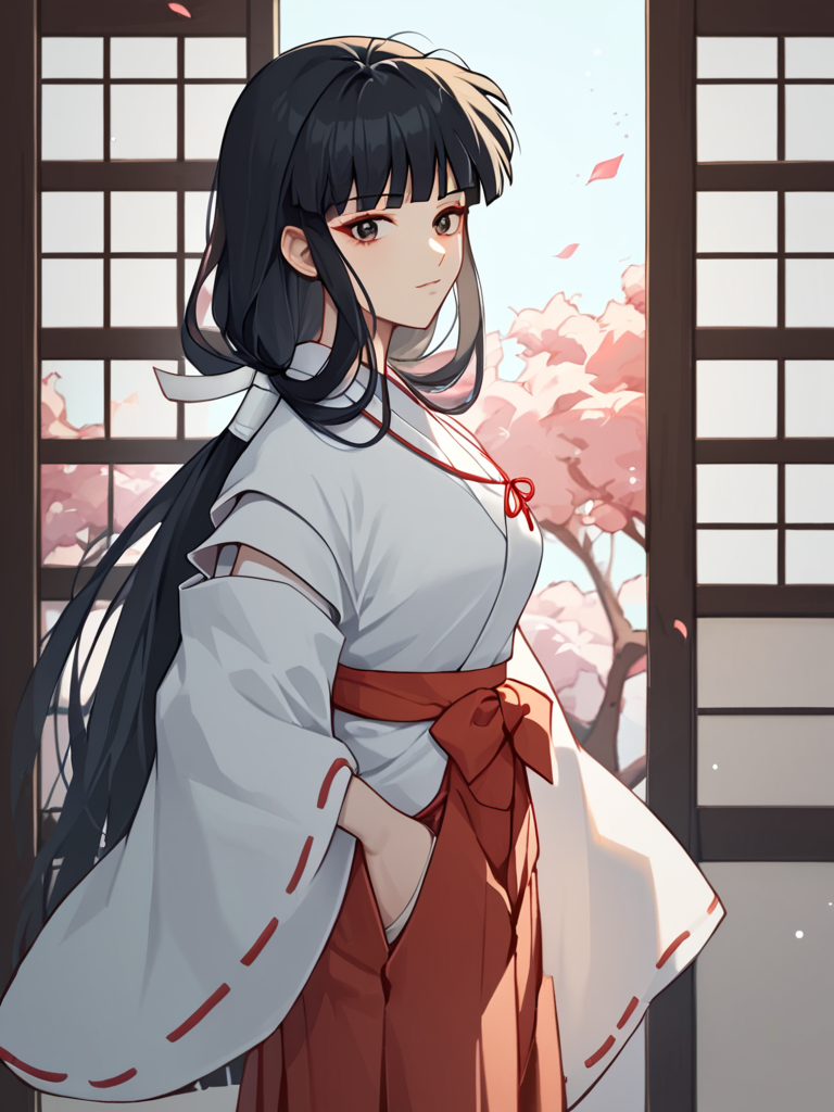score_9,score_8_up,score_7_up,   <lora:kikyou_(inuyasha):1>ï¼hakama_skirt, solo, 1girl, kimono, , looking_at_viewer, from_side, kikyou_\(inuyasha\), quiver, miko,
