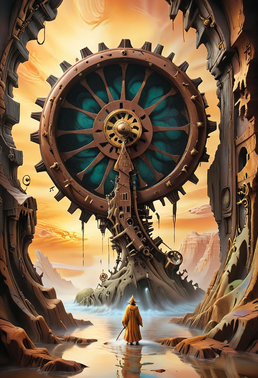 ((masterpiece, best quality)), rdnm4tth3ws illustration of A surreal landscape dominated by a massive, rusted clockwork machine embedded into the cliffs, its intricate gears and cogs endlessly turning. A lone traveler, clad in flowing robes with a staff that pulses with celestial energy, approaches a colossal liquid marble doorway framed by interlocking metal tendrils. In the sky above, enormous planets hang low, their surfaces covered in labyrinthine patterns that seem to shift and change. The air is thick with a golden mist, giving the entire scene an ancient, mystical aura.