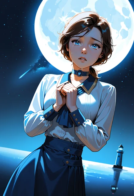 masterpiece, best quality, amazing quality, very aesthetic,absurdres, high resolution, elizabethwaifuIL, solo, brown hair, looking at viewer,shirt, skirt, brown hair, contrapposto, white shirt,choker, short ponytail, low ponytail, collar, blue skirt, neckerchief, ascot,long skirt, blue ascot, dutch angle, portrait, own hands together, dark, parted lips,sad, crying with eyes open, depth of field, full moon, star \(sky\), blue theme, gradient background, space, hands up, reflection, abstract background, lighthouse, close-up, realistic, night sky, <lora:Elizabeth_IL:0.9>