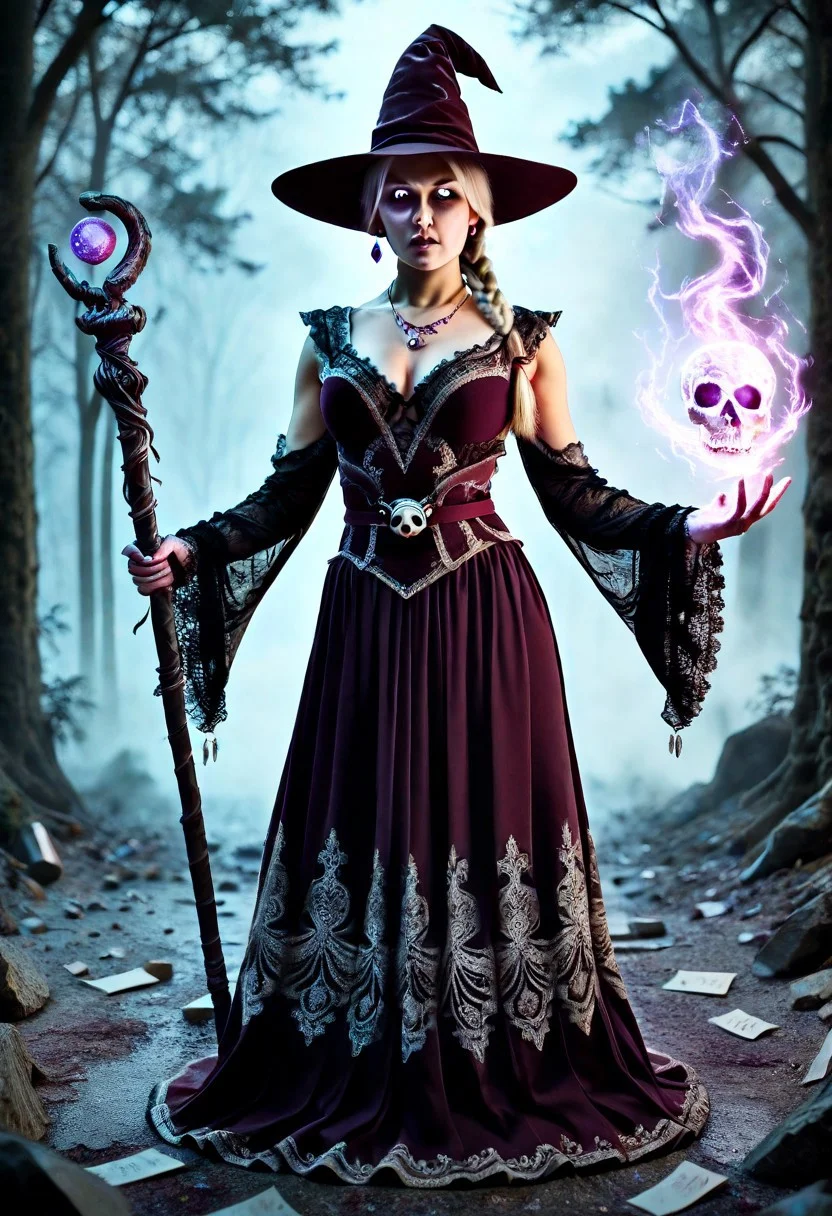 The image is a striking,dark fantasy portrait of a cat girl standing in a hauntingly beautiful rain-soaked forest at night.Towering trees with dense,shadowy canopies loom over her,their gnarled branches stretching toward the stormy sky.Rain cascades down in delicate rivulets.Ruins shrouded in mist give the scene a sense of forgotten magic.The moonlight pierces through the clouds,casting a glow on the ground,where glowing magical circles are under her feet.A floating spellbook hovers beside her as ancient runes shimmer on its pages.She gazes directly at the viewer,golden eyes glowing.Crimson streaks run through her white hair.She has a oversized witch's hat,while a braided sidelock is over her shoulder.Her cheeks are flushed with blush.There are bandages wrapped around her body,concealing old scars and eerie,glowing black runic tattoo.Her Gothic gown is a masterpiece of intricate detail.Black and purple layers of fabric flow down to the ground,embroidered with silver patterns.A red waist sash is fastened with a skull ornament.Puffy long sleeves extend to her lace-covered hands,which grip a massive,ominous black staff.At its tip,a glowing purple crystal crackles with arcane power.She wears elaborate Gothic jewelry an ornate silver necklace dripping with amethyst pendants,a lace choker,and crystal skull earrings that gleam in the dim light.As she casts a spell,dark mist swirls around her,as the air hums with an ancient magic.ass,kisla,muscular female,JAV_AIONE