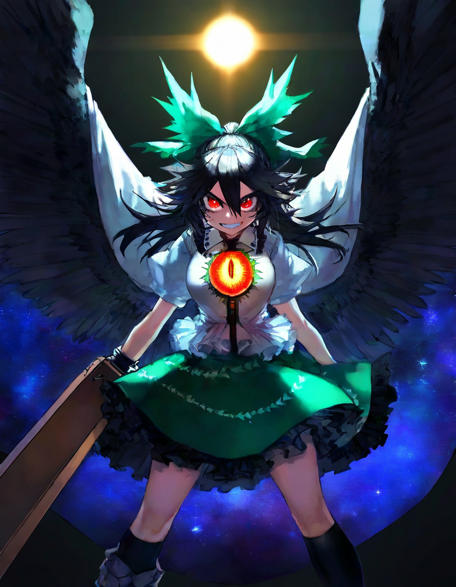 touhou, reiuji_utsuho,1girl,black_footwear,black_hair,black_socks, black_wings ,bow, cape, clenched_teeth ,feathered_wings, glowing, glowing_eyes, green_bow ,green_skirt ,hair_bow ,kneehighs, long_hair, looking_at_viewer ,red_eyes ,shirt ,skirt ,socks, solo ,starry_sky_print, sun ,teeth ,third_eye, white_shirt, wings, cowboy_shot, face focus, gunbuster_pose:1.3 ,
(masterpiece, best quality, high quality, absurdres, highres, newest, very awa),(zyugoya:0.8),quasarcake:0.7, Fishine,