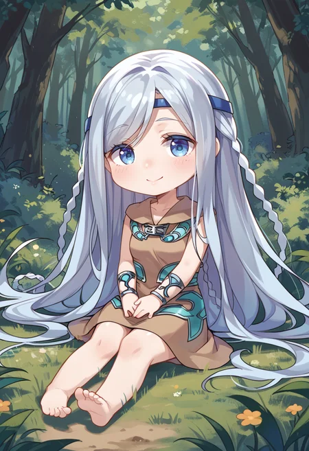 (score_9:0.9),score_8_up,score_7_up,rating_explicit,(zPDXL),(zPDXL3),
<lora:Maiden with Eyes of Blue PonyXL v1.2:0.71>,forest,maiden with eyes of blue,1girl,solo,chibi,smile,barefoot,brown dress,looking at viewer,absurdly long hair,full body,blue circlet,silver bracelet,wariza,sitting,