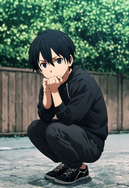 high resolution, solo, best quality, 1Boy, Kazuto Kirigaya, Black Hair, Black Eyes, lofi, candid, squat, depth of field, photo model, looking at viewer, OverallDetail