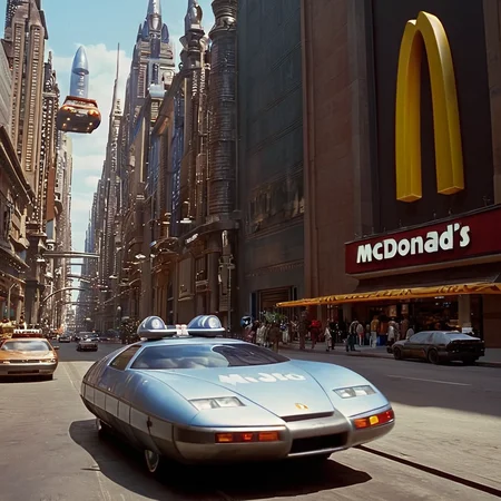 cinematic film still of <lora:add-detail-xl:0.7>1
<lora:detailed:0.4> detailed style
<lora:perfection style:0.4> perfection style
<lora:Le Cinquieme Element style:0.9>
In futuristic 2263 a city street with flying cars in sky and a mcdonalds sign,outdoors,no humans,ground vehicle,building,scenery,motor vehicle,science fiction,city,car,road,vehicle focus,street,traffic light,bus , 23rd century, realistic, cinematic, film, movie, sci fi, science fiction, action film, The Fifth Element style, Le Cinquieme Element style, shallow depth of field, vignette, highly detailed, high budget, bokeh, cinemascope, moody, epic, gorgeous, film grain, grainy