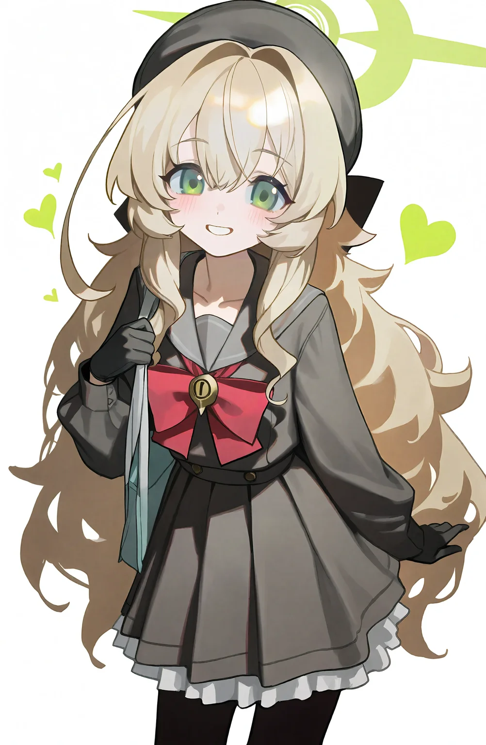 1girl, solo, long_hair, looking_at_viewer, blush, smile, simple_background, skirt, blonde_hair, long_sleeves, gloves, hat, hair_between_eyes, green_eyes, school_uniform, heart, pantyhose, pleated_skirt, black_gloves, serafuku, sailor_collar, grin, halo, black_pantyhose, beret, grey_skirt