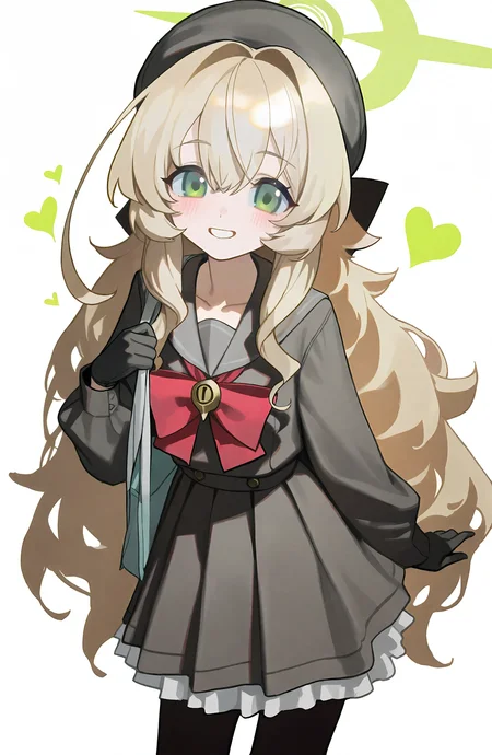 1girl, solo, long_hair, looking_at_viewer, blush, smile, simple_background, skirt, blonde_hair, long_sleeves, gloves, hat, hair_between_eyes, green_eyes, school_uniform, heart, pantyhose, pleated_skirt, black_gloves, serafuku, sailor_collar, grin, halo, black_pantyhose, beret, grey_skirt