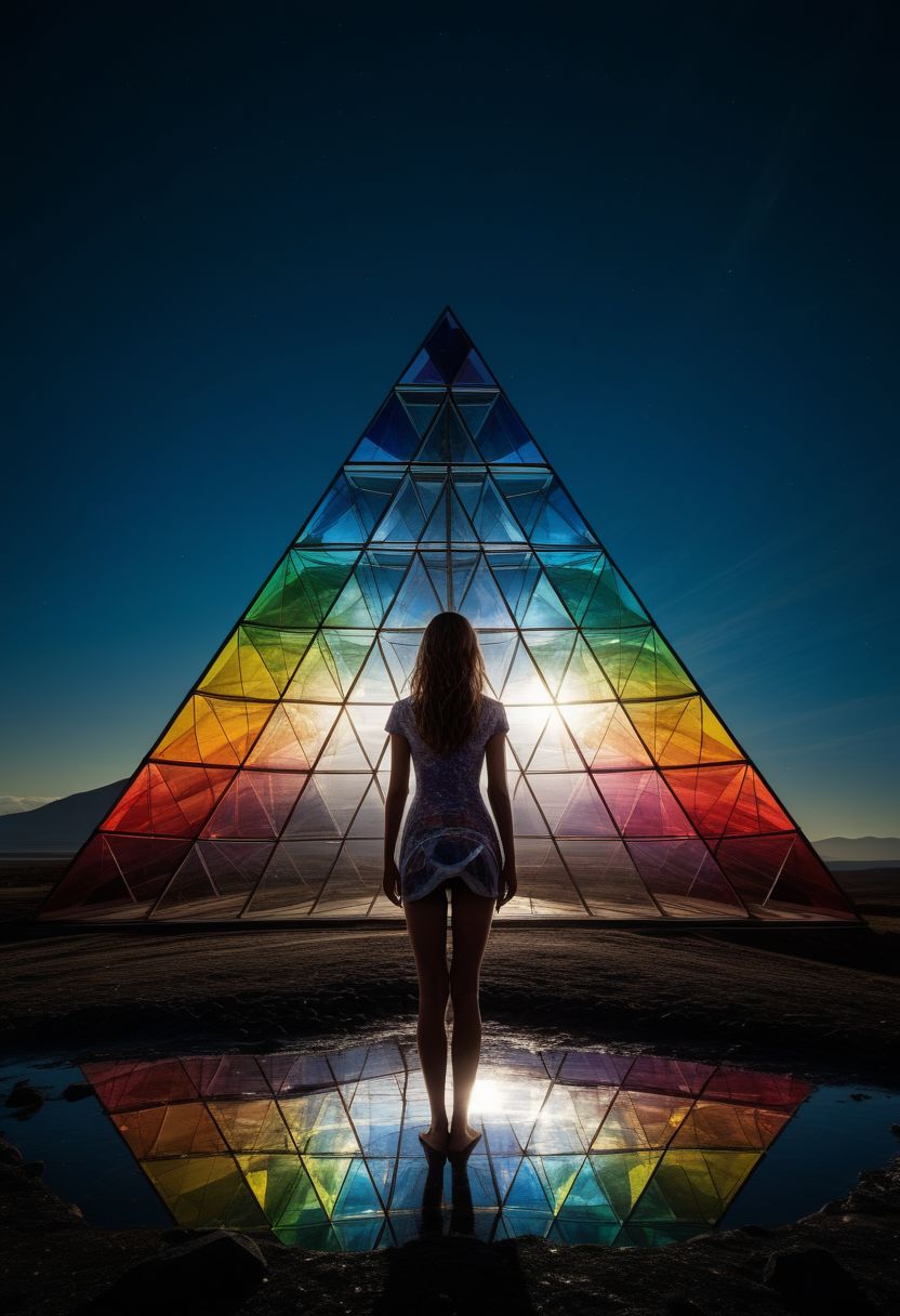 Album cover, mysterious silhouette woman, (light rays, shining on glas pyramid prism, splitting in rainbow colours, dark side of the moon), goddess, alluring, by Minjae Lee, Carne Griffiths, Emily Kell, Steve McCurry, Geoffroy Thoorens, Aaron Horkey, Jordan Grimmer, Greg Rutkowski, amazing depth, double exposure, surreal, geometric patterns, intricately detailed, bokeh,  perfect balanced, deep fine borders, artistic photorealism , smooth,  great masterwork by head of prompt engineering   <lora:add-detail-xl:2>  <lora:Double_Exposure:0.5>