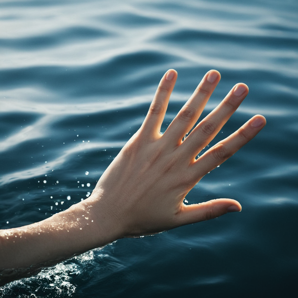 cinematic film still of  <lora:hands5g:0.9>
Sharp detailed high quality image of a person's hand reaching out of the water, shallow depth of field, vignette, highly detailed, high budget, bokeh, cinemascope, moody, epic, gorgeous, film grain, grainy