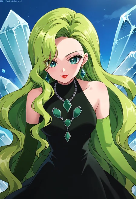 1 girl, cute face, green hair, very long hair, wavy hair, alone, gloves, red lipstick, makeup, elbow-length gloves, eye shadow, bare shoulders, black dress, gem necklace, crystal earrings, mist background