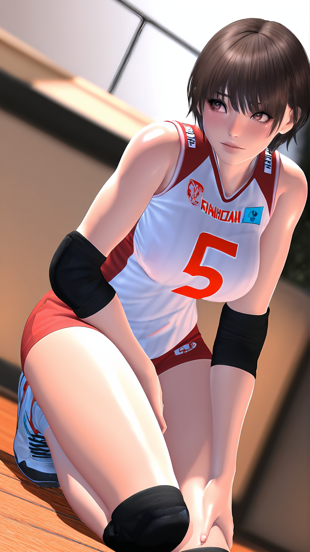 amazing quality,absurdres,best quality,masterpiece,highres,newest,detailed,detailed body,detailed face,masterpiece,best quality,solo,3d,realistic,
paiqiushaonv,1girl,solo,short hair,brown hair,brown eyes,sportswear,elbow pads,knee pads,volleyball uniform,<lora:paiqiushaonv:0.8>,