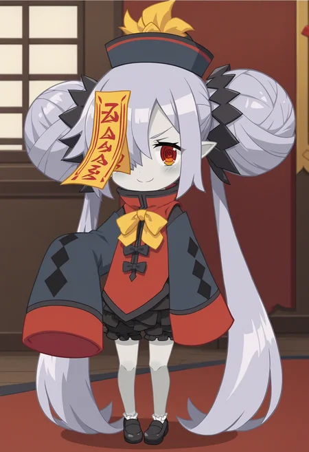 score_9, score_8_up, score_7_up, score_6_up, score_5_up, score_4_up , anime coloring ,BREAK source_anime, anime,screencap,
1girl, solo, zmaiden, black headwear, long sleeves, hair ornament, chinese clothes, sleeves past fingers, ofuda, jiangshi, black bloomers, black footwear, <lora:PonyXL Disgaea ZMaiden V1:0.8>
indoors,
smile, looking at viewer,