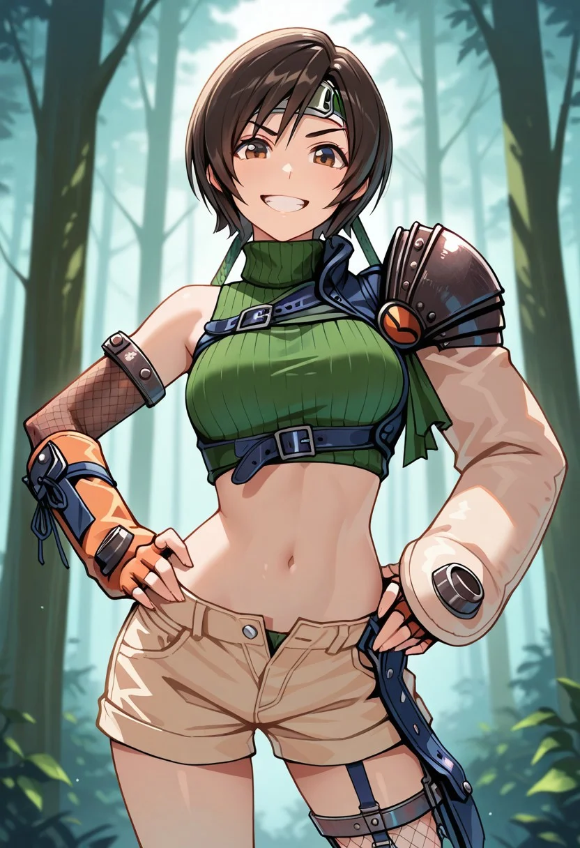 masterpiece, best quality, Yuffie_FF7, Yuffie_Default, Green turtleneck, sleeveless turtleneck, Single leg fishnet, single arm fishnet, arm guard, leg warmers, headband, pauldron, fingerless gloves, navel, beige shorts, open fly, black hair, brown eyes, short hair, 1girl, solo, forest, looking at viewer, grin, cowboy shot,