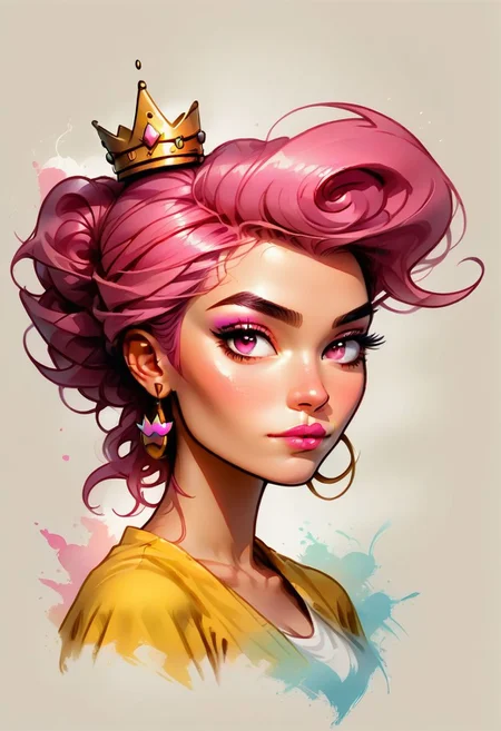 Faded Headshot, faded bottom, faded edges ,score_9,score_8_up,score_7_up,score_6_up,score_5_up, rating_safe,
1girl, wanda (/Fairly OddParents)/,(ultra HD quality details), pink hair, pink eyes, pink lipstick, earrings,
yellow shirt, black pants, crown,
beautiful, centered, looking at the camera, approaching perfection, dynamic, moonlight, highly detailed, watercolor painting, artstation, concept art, smooth, sharp focus, illustration, portrait, close up
medium breasts,