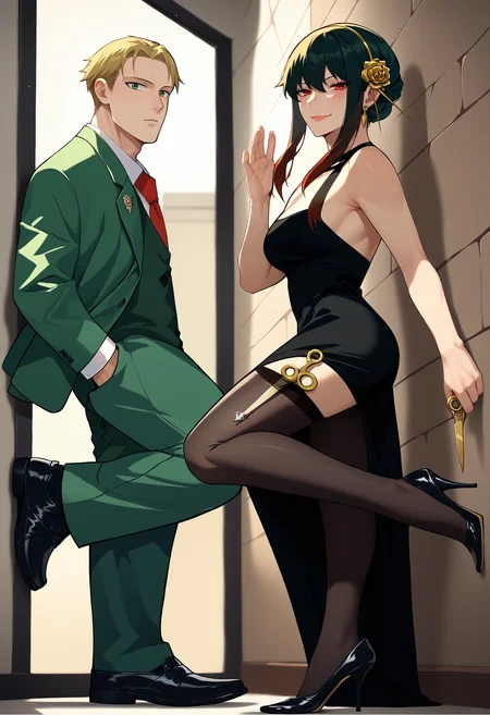 score_9, score_8_up, score_7_up, mr&mrssmith, standing on one leg, full body, <lora:Mr&MrsSmith_pdxl_Incrs_v1:0.6>, against wall,
BREAK 1boy, loid forger, blonde hair, short hair, green eyes, collared shirt, red necktie, green jacket, white shirt, suit, formal, long sleeves, vest, <lora:LoidForgerTwilight_pdxl_Incrs_v1:1>, gun, green pants, black footwear,
BREAK 1girl, yor briar, black dress, seductive smile, knife, black thighhighs, high heels,